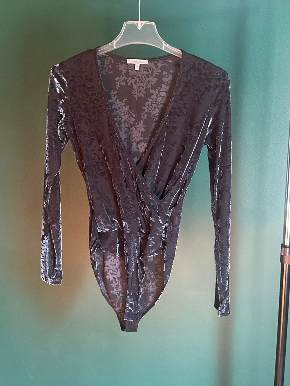 Charlotte Russe Black Velvet Burnout Surplice Bodysuit